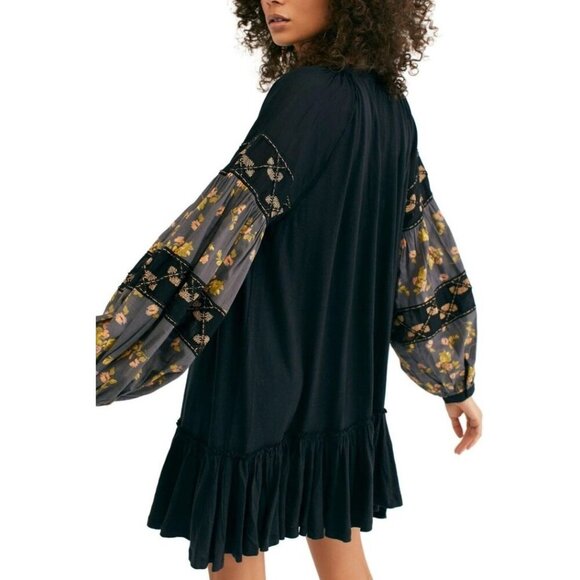 Free People Mix It Up Black Tunic Dress Large Boho Floral Balloon Sleeve - Picture 4 of 16